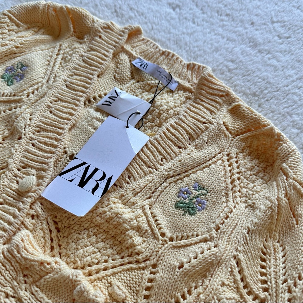 Zara Women's Yellow Cardigan Sweater with Flowers - Picture 6 of 9